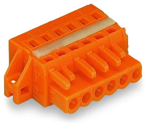 231-306/027-000 - Female plug; 6-pole; mounting flange with reinforcing strip; 12 AWG max; pin spacing 5.08 mm; 1 conductor per pole; orange 231-306/027-000 - Female plug; 6-pole; mounting flange with reinforcing strip; 12 AWG max; pin spacing 5.08 mm; 1 conductor per pole; orange
