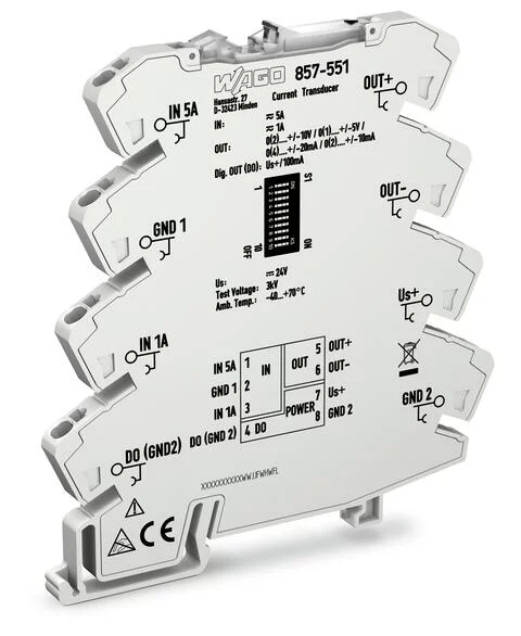 857-551 - Current signal conditioner; Current input signal; Current and voltage output signal; Digital output; Configuration via software; Supply voltage: 24 VDC; 6 mm module width