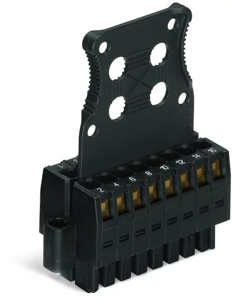 713-1104/107-9037/032-000 - 1-conductor female connector, 2-row; CAGE CLAMP®; 1.5 mm²; Pin spacing 3.5 mm; 8-pole; 100% protected against mismating; Screw flange; Strain relief plate; direct marking; 1,50 mm²; black