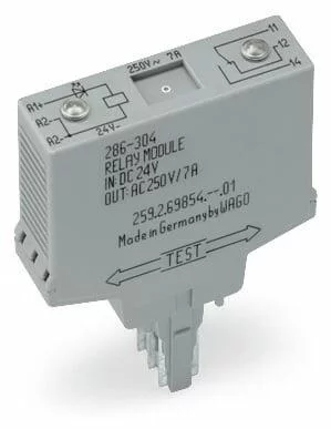 286-508 - Relay module; Nominal input voltage: 230 VAC; 1 changeover contact; Limiting continuous current: 7 A; Red status indicator; Module width: 15 mm; gray