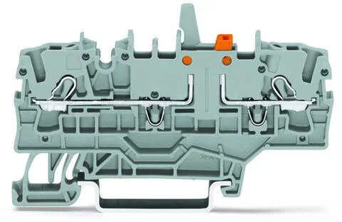 2002-1971/401-000 - Disconnect terminal block; knife disconnect with mechanical interlock; with additional jumper location; rail mount; 2-conductor; 5.2 mm wide; gray