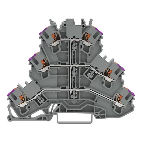 2202-3208 - Triple-deck terminal block; with push-button; 6-conductor through terminal block; L; without marker carrier; suitable for Ex e II applications; internal commoning; conductor entry with violet marking; for DIN-rail 35 x 15 and 35 x 7.5; 2.5 mm²