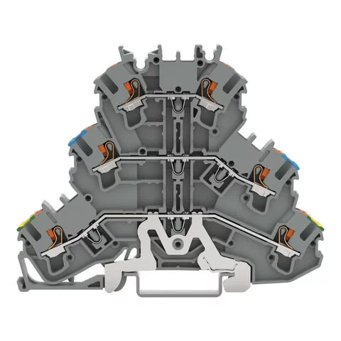 2202-3227 - Triple-deck terminal block; Ground conductor/through/through terminal block; with push-button; 2.5 mm²; PE/L/L; suitable for Ex e II applications; without marker carrier; for DIN-rail 35 x 15 and 35 x 7.5; Push-in CAGE CLAMP®; 2,50 mm²; gray