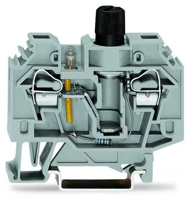 282-128/281-418 - 2-conductor fuse terminal block; for glass cartridge fuse ¼ x 1¼; with blown fuse indication by neon lamp; for DIN-rail 35 x 15 and 35 x 7.5; 6 mm²; CAGE CLAMP®; 6,00 mm²; gray