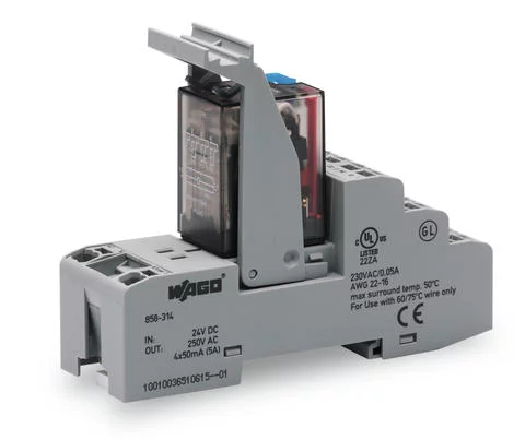 858-314 - Relay module; Nominal input voltage: 24 VDC; 4 changeover contacts; Limiting continuous current: 5 A; with gold contacts; with manual operation; Red status indicator; Module width: 31 mm; 1,50 mm²