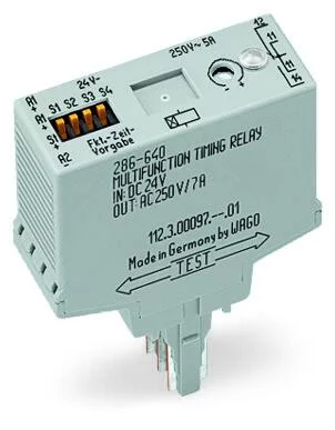 286-640 - Timer relay module; Nominal input voltage: 24 VDC; Limiting continuous current: 6 A; Railway; Multifunction/Multitime; Yellow status indicator; Module width: 6 mm; gray