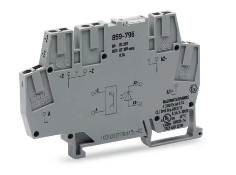 859-796 - Optocoupler module; Nominal input voltage: 24 VDC; Output voltage range: 3 … 30 VDC; Limiting continuous current: 0.1 A; 2-wire connection; Railway; Frequency: 10 kHz; Module width: 6 mm; gray