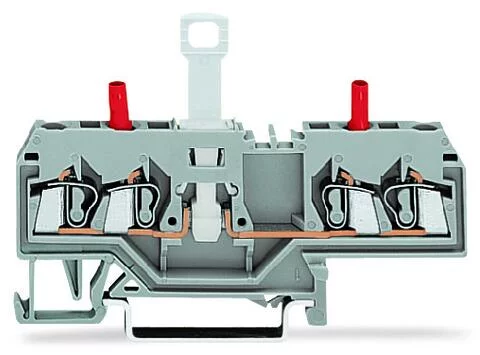 280-649 - 2-conductor disconnect/test terminal block; without pivoting knife disconnect; with touch-proof test sockets; Test socket, red; for DIN-rail 35 x 15 and 35 x 7.5; 2.5 mm²; CAGE CLAMP®; 2,50 mm²; gray