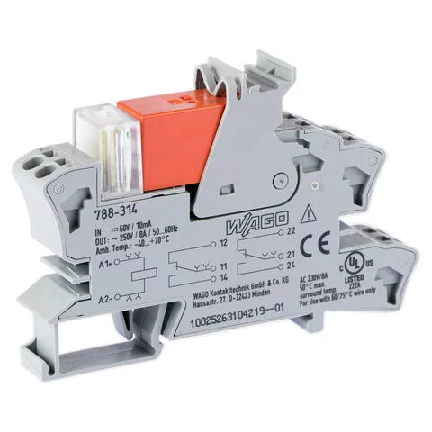 788-314 - Relay module; Nominal input voltage: 60 VDC; 2 changeover contacts; Limiting continuous current: 8 A; Red status indicator; Module width: 15 mm; 2,50 mm²; gray