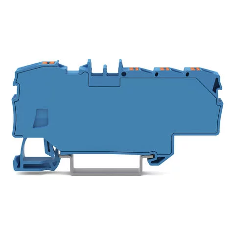 2206-8034 - Distribution terminal block; with push-button; 1 x 6 mm² / 6 x 1.5 mm²; with integrated end plate; for Ex e II and Ex i applications; side and center marking; for DIN-rail 35 x 15 and 35 x 7.5; Push-in CAGE CLAMP®; 6,00 mm²; blue