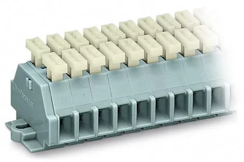 261-155/341-000 - 2-conductor terminal strip; on both sides with push-buttons; with snap-in mounting feet; 5-pole; for plate thickness 0.6 - 1.2 mm; Fixing hole 3.5 mm Ø; 2.5 mm²; CAGE CLAMP®; 2,50 mm²; gray