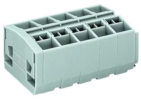 264-255 - 4-conductor terminal strip; without push-buttons; with snap-in mounting feet; 5-pole; for plate thickness 0.6 - 1.2 mm; Fixing hole 3.5 mm Ø; 2.5 mm²; CAGE CLAMP®; 2,50 mm²; gray
