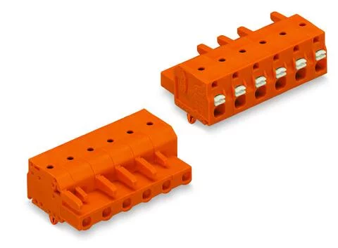 2231-702/008-000 - Female plug; 2-pole; push-button; snap-in mounting feet;12 AWG max; pin spacing 7.62 mm;1-conductor per pole; orange
