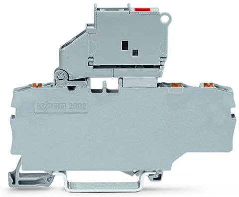 2202-1711/1000-867 - TOPJOB®S fuse terminal block with Push-buttons; with pivoting fuse holder for 5 x 20 mm miniature metric fuse; with LED blown fuse indication; rail mount; 3-conductor; 5.2 mm wide; gray; 120 V