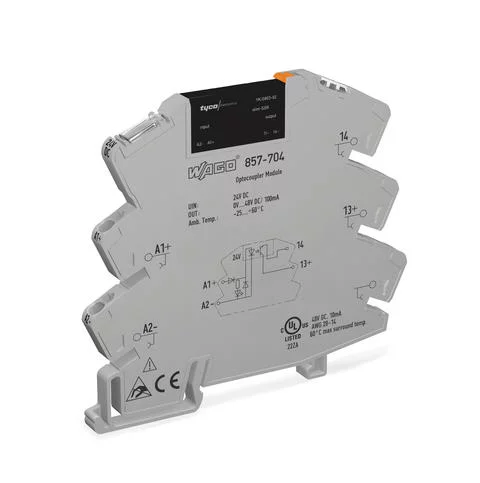 857-704 - Solid-state relay module; Nominal input voltage: 24 VDC; Output voltage range: 0 … 48 VDC; Limiting continuous current: 0.1 A; Yellow status indicator; Module width: 6 mm; gray