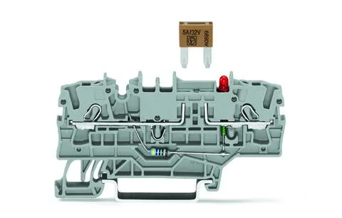 2002-1981/1000-413 - TOPJOB®S fuse terminal block; mini-auto fuse; with blown fuse LED indication for 24 V (N-P); with additional jumper location; rail mount; 2-conductor; 5.2 mm wide; gray