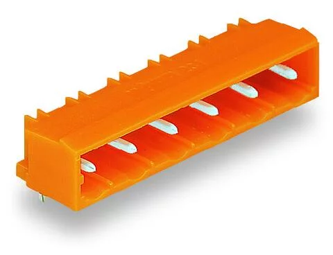 231-966/001-000 - THT male header; 1.2 x 1.2 mm solder pin; angled; Pin spacing 7.62 mm; 6-pole; orange