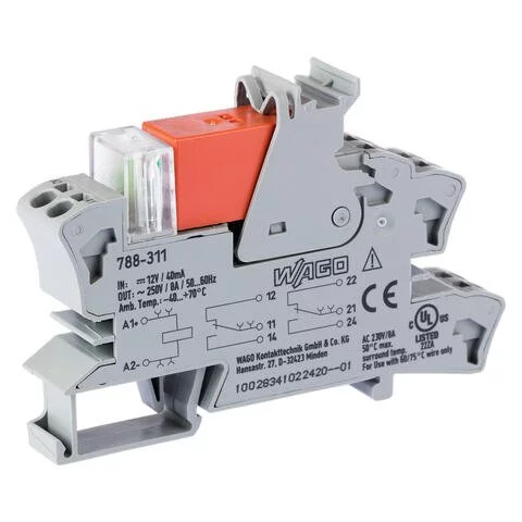 788-311 - Relay module; Nominal input voltage: 12 VDC; 2 changeover contacts; Limiting continuous current: 8 A; Red status indicator; Module width: 15 mm; 2,50 mm²; gray