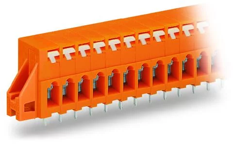 741-246 - Through-panel PCB terminal strip; 2 solder pins/pole; 16-pole; with integrated push-buttons; pin spacing 5.08 mm / 0.2 in; with fixing flanges; orange