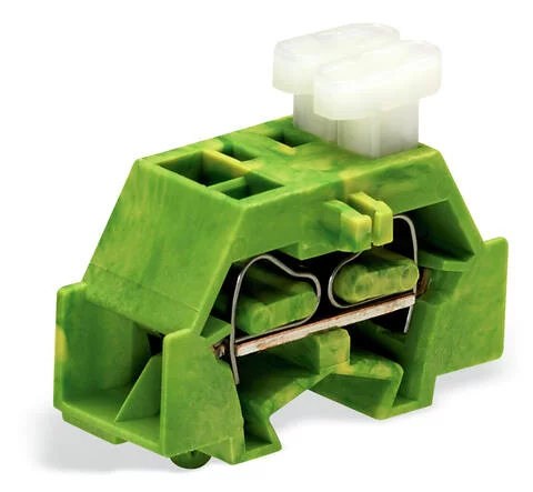 261-347/332-000 - 4-conductor terminal block; on one side with push-buttons; with snap-in mounting foot; 1-pole; for plate thickness 0.6 - 1.2 mm; Fixing hole 3.5 mm Ø; 2.5 mm²; CAGE CLAMP®; 2,50 mm²; green-yellow
