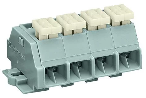261-204/332-000 - 4-conductor terminal strip; on one side with push-buttons; with fixing flanges; 4-pole; for screw or similar mounting types; Fixing hole 3.2 mm Ø; 2.5 mm²; CAGE CLAMP®; 2,50 mm²; gray