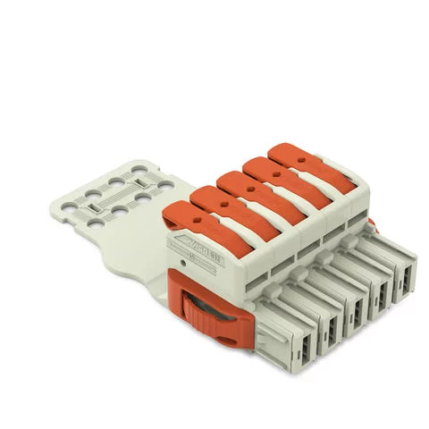 832-1105/315-000 - 1-conductor female connector; lever; Push-in CAGE CLAMP®; 16 mm²; Pin spacing 10.16 mm; 5-pole; 100% protected against mismating; Lateral locking levers; Strain relief plate; Silver-plated contacts; 16,00 mm²; light gray