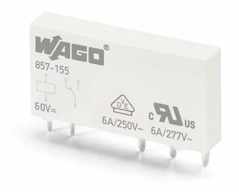 857-155 - Basic relay; Nominal input voltage: 60 VDC; 1 changeover contact; Limiting continuous current: 6 A; Module width: 5 mm; Module height: 15 mm