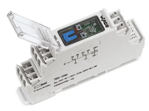 789-1346 - Relay module; Nominal input voltage: 24 VDC; 2 changeover contacts; Limiting continuous current: 8 A; with manual operation; Red status indicator; Module width: 18 mm; 2,50 mm²