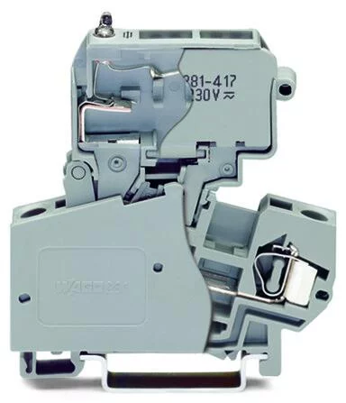 281-623/281-418 - 2-conductor fuse terminal block; with pivoting fuse holder; for glass cartridge fuse ¼ x 1¼; with blown fuse indication by neon lamp; 120 V; for DIN-rail 35 x 15 and 35 x 7.5; 4 mm²; CAGE CLAMP®; 4,00 mm²; gray