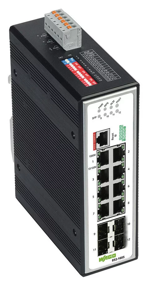 852-1605 - Industrial managed switch; 8 - 10/100/1000 Mb/s RJ45 ports; 4 - 1000 Mb/s Fiber Optic ports; Extended temperature range