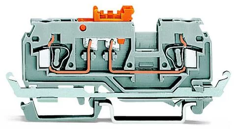 280-869 - 2-conductor disconnect/test terminal block; with shield contact; with test port; for 2 mm and 3 mm Ø test plugs; for DIN-rail 35 x 15 and 35 x 7.5; 2.5 mm²; CAGE CLAMP®; 2,50 mm²; gray