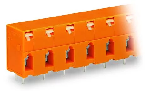 741-605 - Through-panel PCB terminal strip; 2 solder pins/pole; 5-pole; with integrated push-buttons; pin spacing 10.16 mm / 0.4 in; orange
