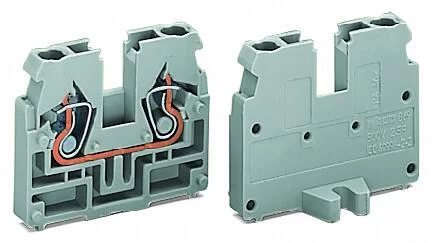 869-351 - 2-conductor end terminal block; without push-buttons; with fixing flange M4; 1-pole; for screw or similar mounting types; Fixing hole 4.2 mm Ø; 2.5 mm²; CAGE CLAMP®; 2,50 mm²; gray