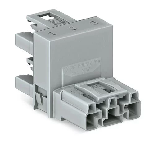 770-1761 - h-distribution connector; 3-pole; Cod. B; 1 input; 2 outputs; outputs on one side; 3 locking levers; for flying leads; gray