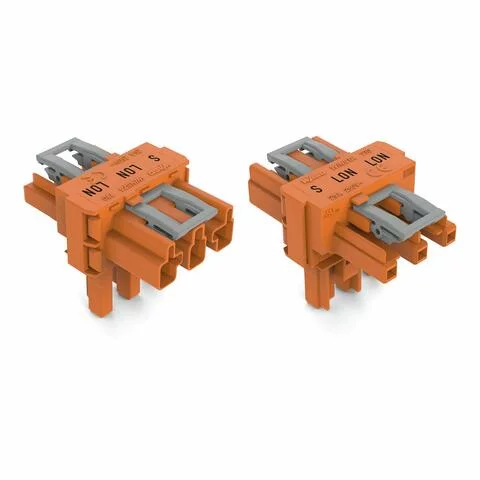 770-667 - T-distribution connector; 3-pole; Cod. R; 1 input; 2 outputs; 2 locking levers; orange