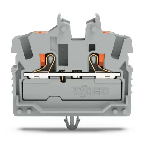 2252-311 - 2-conductor miniature through terminal block; with push-button; 2.5 mm²; with test port; side and center marking; with snap-in mounting foot; Push-in CAGE CLAMP®; 2,50 mm²; gray