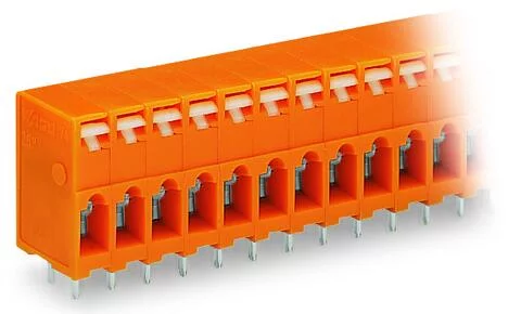 741-207 - PCB terminal strip; 2 solder pins/pole; 7-pole; with integrated push-buttons; pin spacing 5.08 mm / 0.2 in; orange