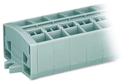 264-254 - 4-conductor terminal strip; without push-buttons; with snap-in mounting feet; 4-pole; for plate thickness 0.6 - 1.2 mm; Fixing hole 3.5 mm Ø; 2.5 mm²; CAGE CLAMP®; 2,50 mm²; gray