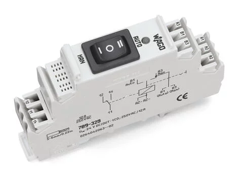 789-329 - Relay module; Nominal input voltage: 24 VDC; 1 changeover contact; Limiting continuous current: 12 A; for lamp loads; Manual/0FF/Auto switch; Red status indicator; Module width: 18 mm