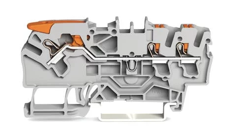 2102-5301 - TOPJOB®S feedthrough terminal block with Lever and Push-buttons; rail mount; 3-conductor; 5.2 mm wide; gray