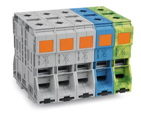 285-1169 - POWER CAGE CLAMP feedthrough terminal block; DIN 35 x 15 rail mount; 2-conductor; 350 kcMil; 180 mm wide (32 mm wide each); multicolored