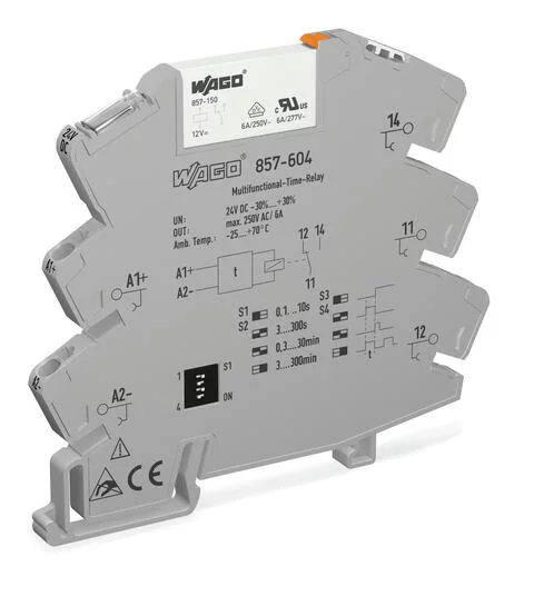 857-604 - Timer relay module; Nominal input voltage: 24 VDC; Limiting continuous current: 6 A; Railway; Multifunction; Yellow status indicator; Module width: 6 mm; gray