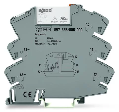 857-358/006-000 - Relay module; Nominal input voltage: 230 VAC; 1 changeover contact; Limiting continuous current: 6 A; with integrated base load module; Yellow status indicator; Module width: 6 mm; 2,50 mm²; gray