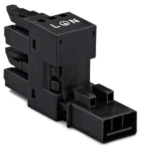 890-634 - h-distribution connector; 3-pole; Cod. A; 1 input; 2 outputs; outputs on one side; 2 locking levers; black