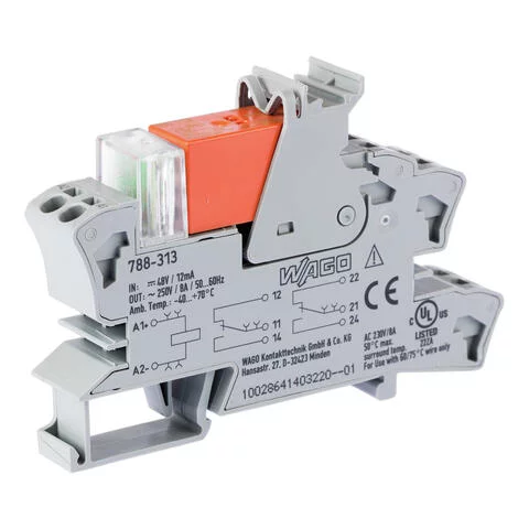788-313 - Relay module; Nominal input voltage: 48 VDC; 2 changeover contacts; Limiting continuous current: 8 A; Red status indicator; Module width: 15 mm; 2,50 mm²; gray 788-313 - Relay module; Nominal input voltage: 48 VDC; 2 changeover contacts; Limiting continuous current: 8 A; Red status indicator; Module width: 15 mm; 2,50 mm²; gray