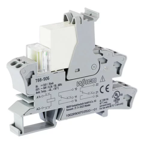 788-906 - Relay module with driven contacts; Nominal input voltage: 24 VDC; 2 changeover contacts; Limiting continuous current: 0.3 A; Green status indicator; Module width: 15 mm