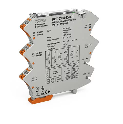 2857-533/000-001 - Threshold value switches; RTD sensors; 1 make contact; Digital output; Configuration via software; Supply voltage: 24 VDC; 12.5 mm module width; Railway
