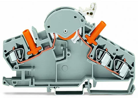 282-860 - 3-conductor disconnect/test terminal block; e.g., voltage transformer circuits; with touch-proof test sockets; for 4 mm Ø test plugs; for DIN-rail 35 x 15 and 35 x 7.5; 6 mm²; CAGE CLAMP®; 6,00 mm²; gray
