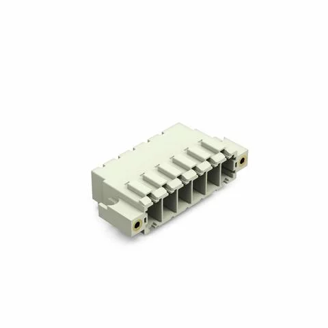 831-3626/108-000 - THT male header; 1.0 x 1.2 mm solder pin; angled; 100% protected against mismating; Threaded flange; Pin spacing 7.62 mm; 6-pole; light gray