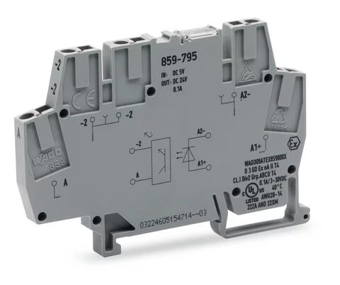 859-795 - Optocoupler module; Nominal input voltage: 5 VDC; Output voltage range: 3 … 30 VDC; Limiting continuous current: 0.1 A; 2-wire connection; Railway; Frequency: 10 kHz; Module width: 6 mm; gray 859-795 - Optocoupler module; Nominal input voltage: 5 VDC; Output voltage range: 3 … 30 VDC; Limiting continuous current: 0.1 A; 2-wire connection; Railway; Frequency: 10 kHz; Module width: 6 mm; gray